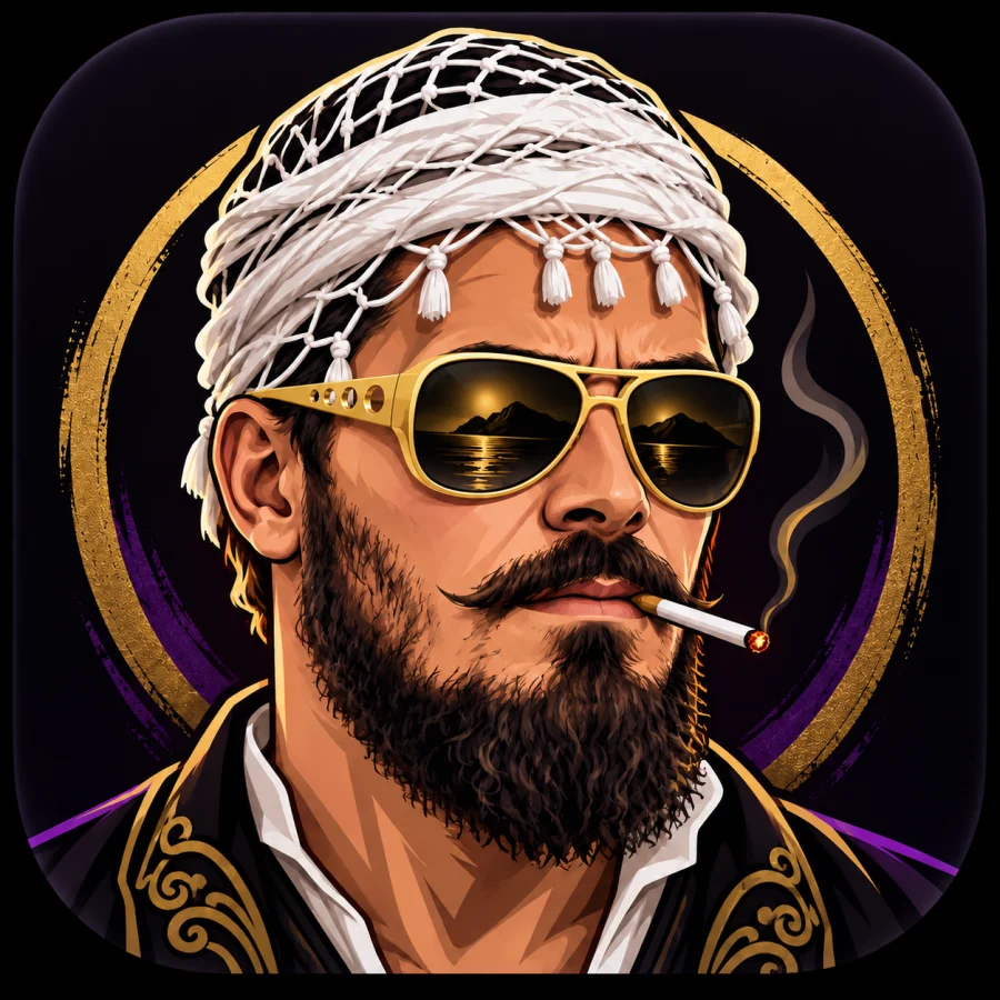 Mikey the Greek illustrated in gold sunglasses and purple and gold attire