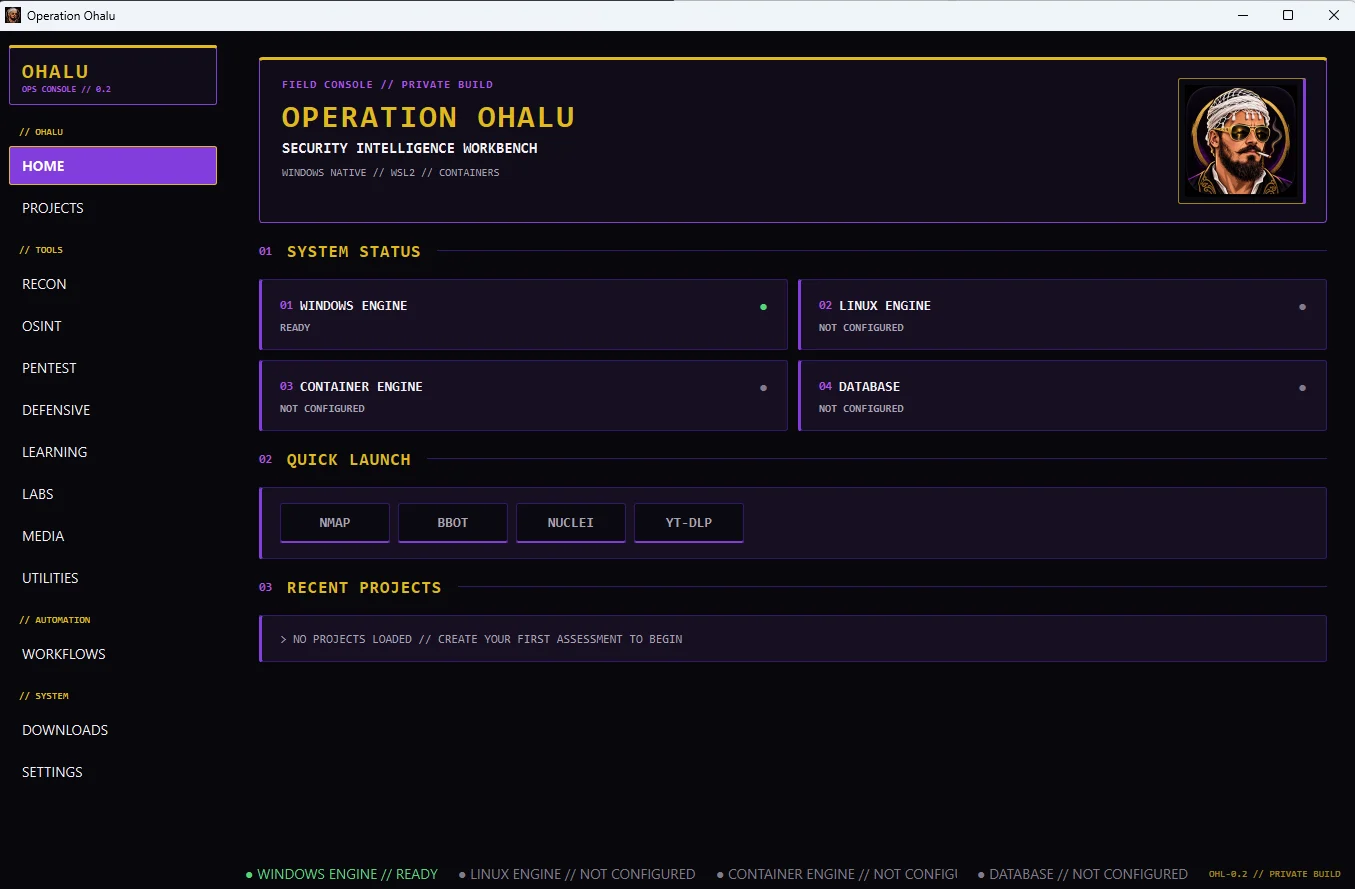 Operation Ohalu desktop workbench with engine status, recon tools and project management
